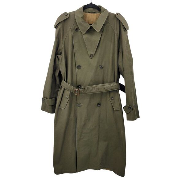 Vintage Army Green Military Trench Coat XL Belt Shoulder Tab Warcore Trenchcore - Picture 1 of 14